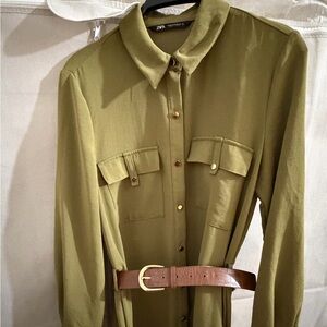 Zara Khaki Long Sleeve Dress with Belt